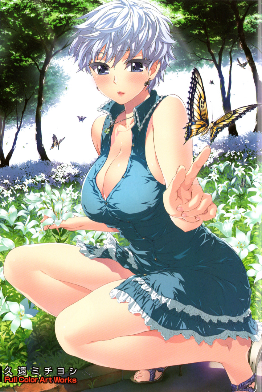 absurdres action_pizazz blue_eyes blue_hair breasts bug butterfly cleavage dress earrings field flower flower_field highres insect jewelry kuon_michiyoshi large_breasts legs lily_(flower) necklace pointing sandals short_hair sleeveless solo tree