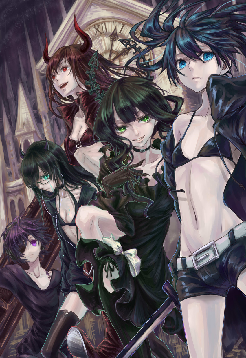 absurdres bikini_top black_devil_girl black_gold_saw black_hair black_matagi black_rock_shooter black_rock_shooter_(character) blue_eyes choker crying dead_master dress ethanol_(8521966) glasses green_eyes grin headphones highres horns long_hair multiple_girls open_clothes pale_skin purple_eyes red_eyes ribbon short_shorts shorts smile sword tears weapon