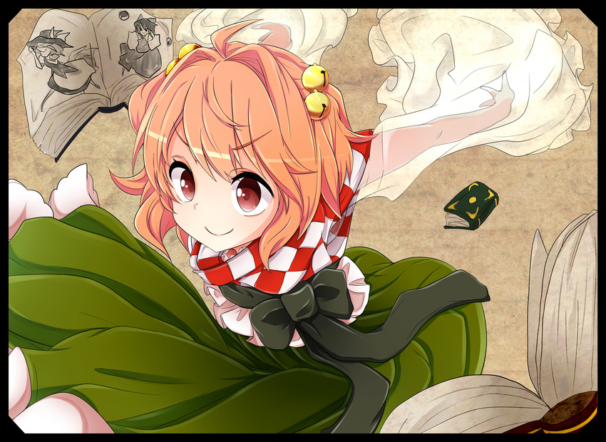 absurdres apron baba_(baba_seimaijo) bad_id bad_pixiv_id bell book bow braid broom checkered checkered_shirt hair_bell hair_bow hair_ornament hakurei_reimu hat highres kirisame_marisa long_hair motoori_kosuzu orange_hair red_eyes see-through shirt short_hair smile touhou transparent twintails wide_sleeves witch_hat