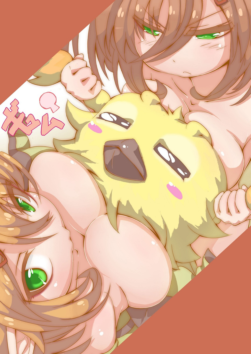 blush_stickers breast_press breast_smother breasts brown_hair frown green_eyes highres large_breasts multiple_girls patty_(pso2) phantasy_star phantasy_star_online_2 rappy tiea twintails wisespeak