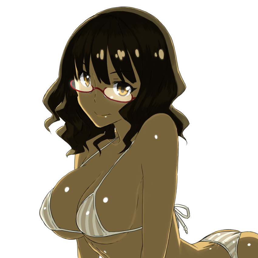 arched_back ass bad_id bad_pixiv_id bare_shoulders bikini black_hair breasts brown_eyes cleavage dark_skin glasses highres kamezaemon kasshoku_kyonyuu_megane-san_(kamezaemon) large_breasts looking_at_viewer original red-framed_eyewear semi-rimless_eyewear short_hair simple_background smile solo string_bikini striped swimsuit under-rim_eyewear vertical-striped_bikini vertical_stripes white_background