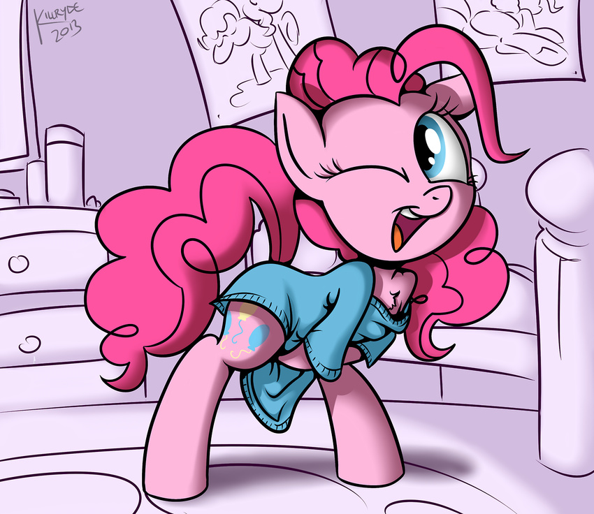 bent_over blue_eyes chest_tuft clothed clothing cutie_mark equine female feral friendship_is_magic fur hair horse inside killryde looking_at_viewer mammal my_little_pony one_eye_closed open_mouth pink_fur pink_hair pinkie_pie_(mlp) pony shirt signature smile solo tuft wink