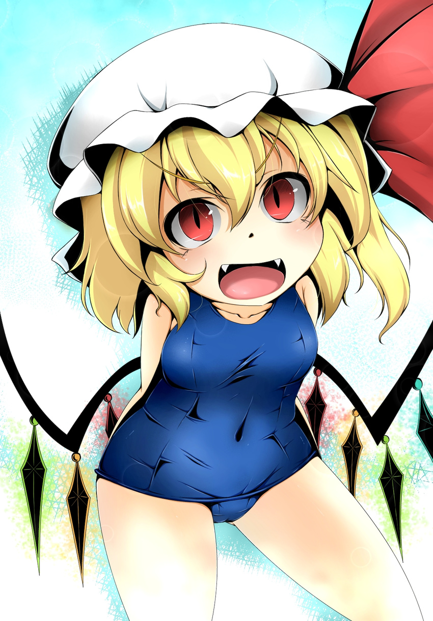 arms_behind_back bare_shoulders blonde_hair blush fangs flandre_scarlet fumi_(fumifumi-graffiti) hat hat_ribbon highres one-piece_swimsuit open_mouth red_eyes ribbon school_swimsuit short_hair side_ponytail smile solo swimsuit touhou wings