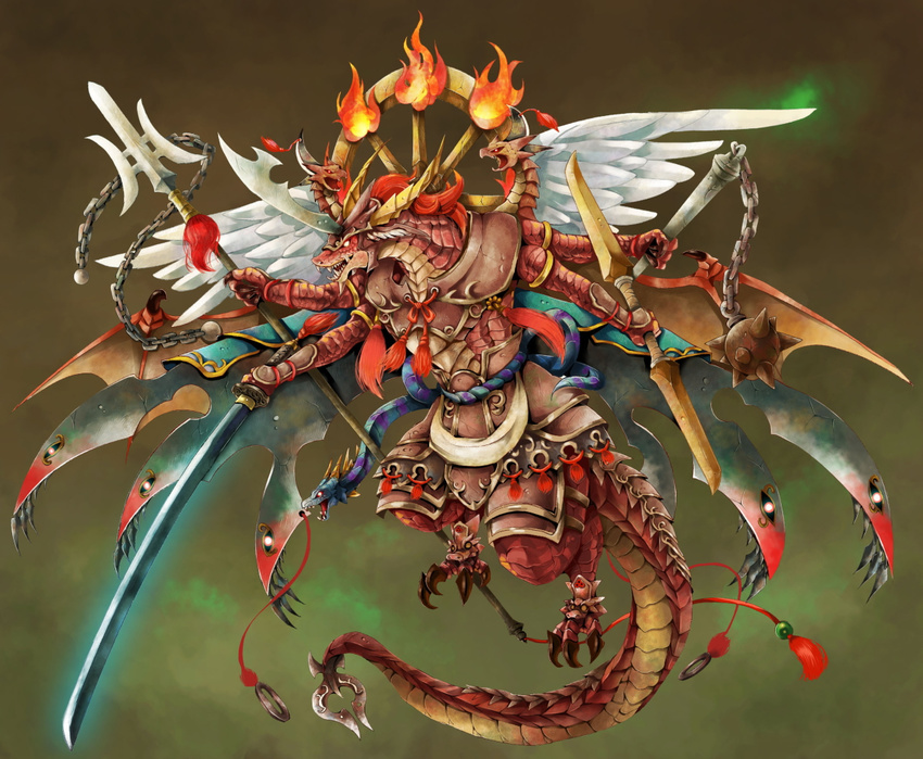 armor bad_id bad_pixiv_id ball_and_chain claws double-blade dragon dragon_wings fire flail gigandal_federation mace michii_yuuki monster multiple_arms multiple_wings no_humans pixiv_fantasia pixiv_fantasia_3 polearm snake sword tail weapon wheel wings