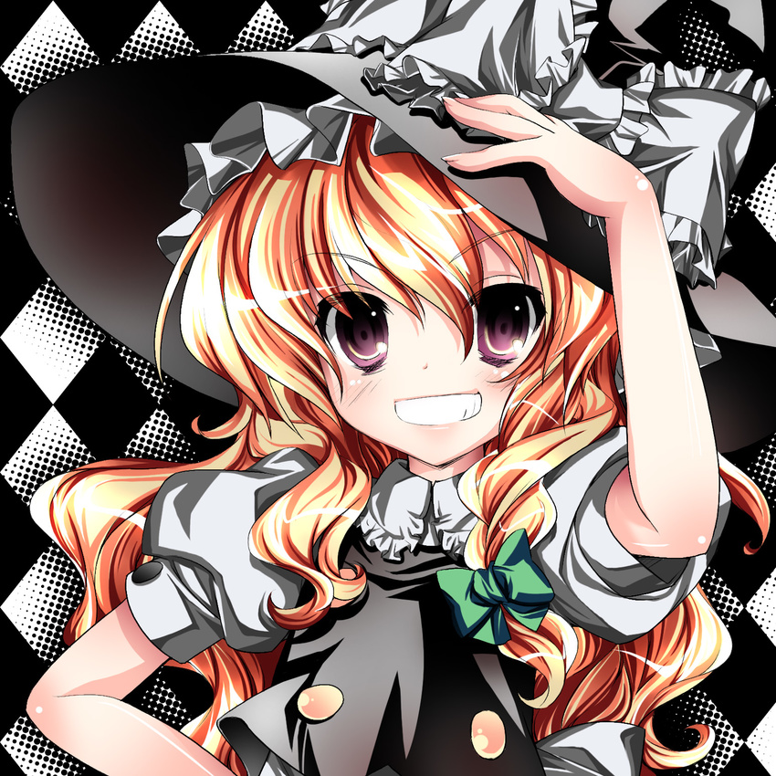 =3= bad_id bad_pixiv_id blonde_hair blush checkered colorized gotou_nao grin hair_ribbon hat highres kirisame_marisa long_hair ribbon smile solo touhou upper_body witch_hat