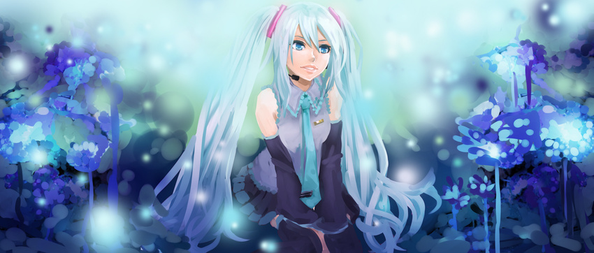 artist_request bare_shoulders black_skirt blue collared_shirt detached_sleeves feet_out_of_frame flower glowing grey_shirt hair_ornament hatsune_miku headphones headset long_hair looking_afar microphone miniskirt necktie pleated_skirt shirt sitting skirt sleeves_past_wrists solo thighhighs twintails vocaloid
