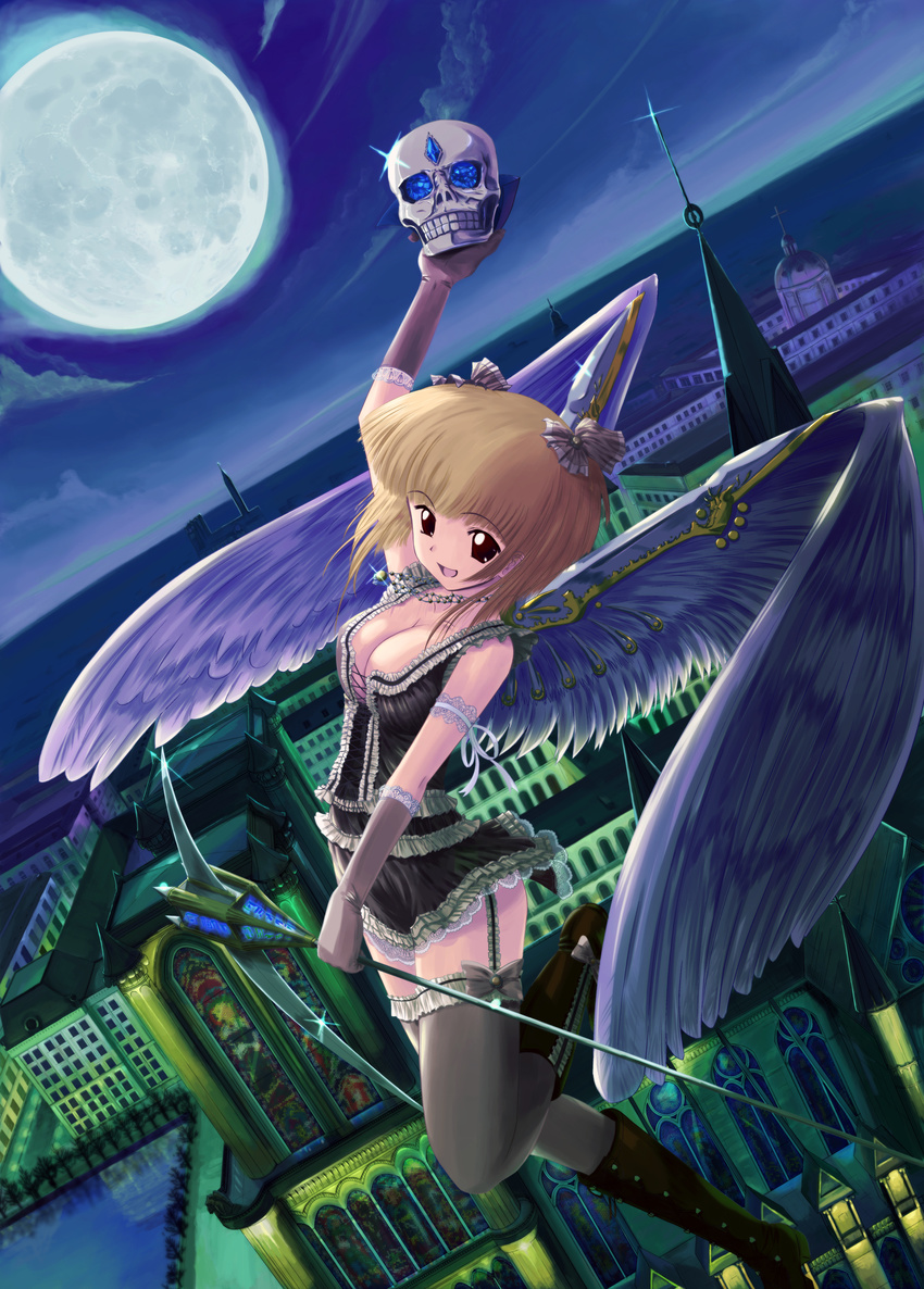 absurdres armband bad_id bad_pixiv_id blonde_hair boots bow breasts brown_eyes cityscape cleavage elbow_gloves frills full_moon garter_belt garters gloves hair_bow hair_ornament highres jewelry knee_boots large_breasts miniskirt moon necklace night night_sky original red_eyes scythe short_hair skirt skull sky smile solo souma_nouma staff thighhighs weapon wings zettai_ryouiki