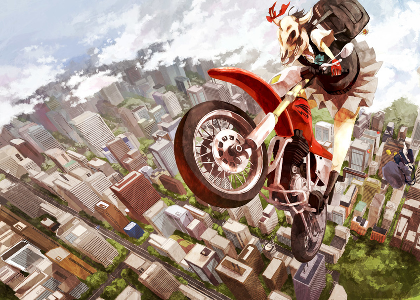 9ji bag cityscape cloud flying food gloves ground_vehicle horns motor_vehicle motorcycle obentou original ribbon riding school_uniform skull solo