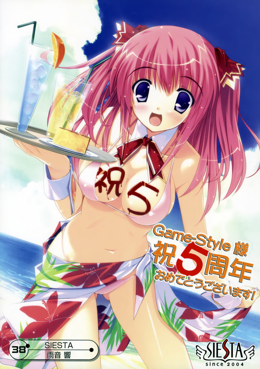 absurdres amane_sou beach bikini blue_eyes blush breasts cake cleavage cloud day drink drinking_straw food hair_ribbon highres himemiya_arisu ice ice_cube large_breasts looking_at_viewer navel open_mouth outdoors pastel pastry pink_hair print_sarong ribbon sarong shiny shiny_skin sky smile solo swimsuit tray tropical_drink twintails water white_sarong wrist_cuffs