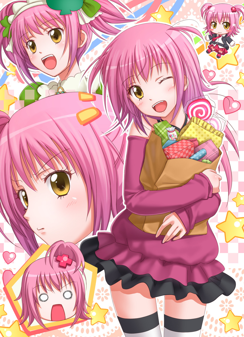 amulet_clover bag bare_shoulders belt blush candy chibi chobipero club_(shape) dual_persona fang food hair_ornament hairband heart highres hinamori_amu laughing lollipop magical_girl miniskirt necktie o_o one_eye_closed open_mouth pink_hair pleated_skirt ponytail short_twintails shugo_chara! skirt smile standing star striped striped_legwear swirl_lollipop thighhighs twintails yellow_eyes