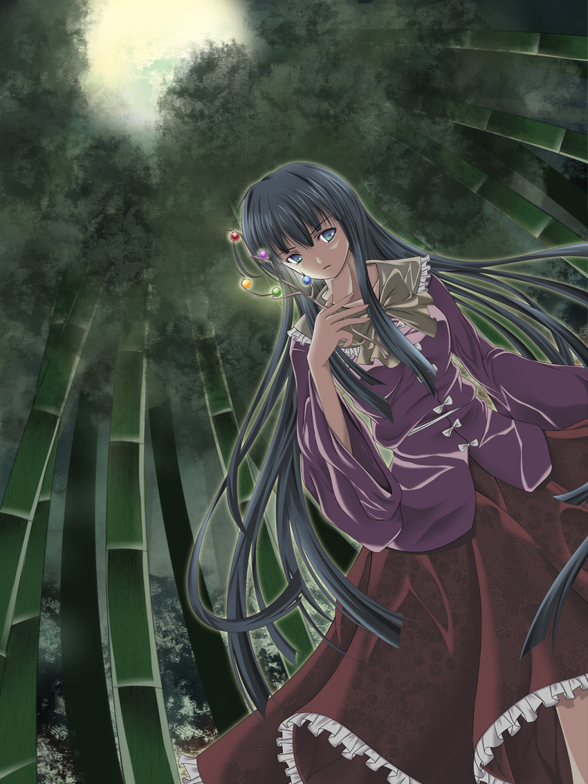 ahirun bad_id bad_pixiv_id bamboo bamboo_forest black_hair blue_eyes branch dutch_angle forest from_below green_eyes highres houraisan_kaguya jeweled_branch_of_hourai long_hair multicolored multicolored_eyes nature solo touhou very_long_hair