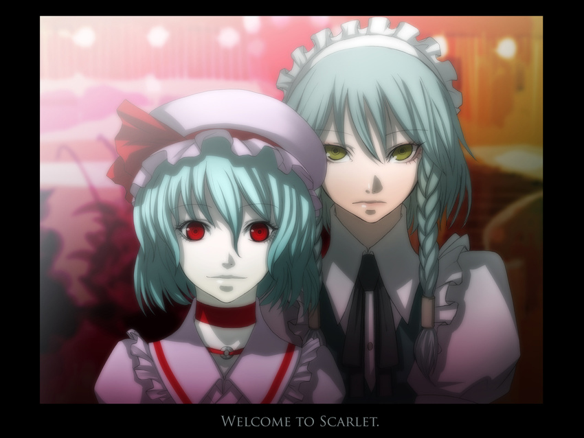 anime_coloring blurry blurry_background braid closed_mouth collar depth_of_field english expressionless frills hat izayoi_sakuya looking_at_viewer mob_cap multiple_girls red_eyes remilia_scarlet shaded_face short_hair silver_hair stairs touhou twin_braids upper_body zou_azarashi