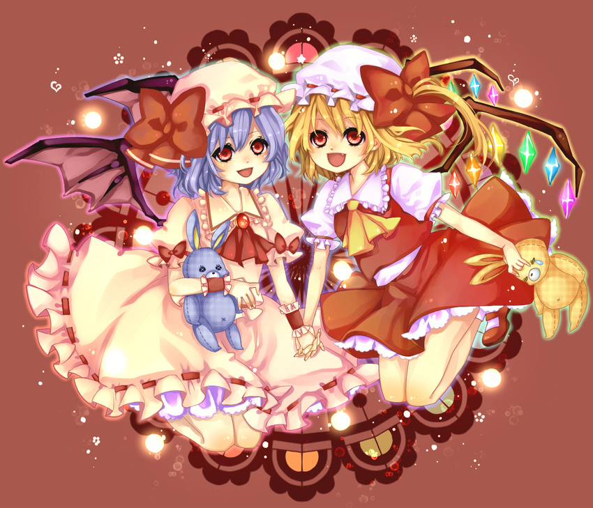 bunny fang flandre_scarlet full_body hat highres holding_hands interlocked_fingers mary_janes mata multiple_girls red_background remilia_scarlet shoes siblings sisters socks stuffed_animal stuffed_bunny stuffed_toy touhou wallpaper wings wrist_cuffs