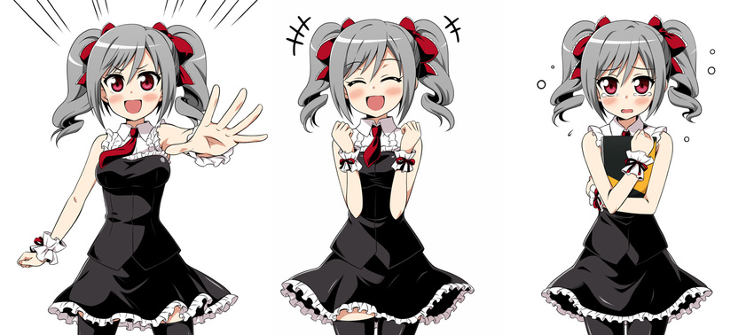 3girls black_legwear blush clenched_hands closed_eyes crying drill_hair expressions flying_sweatdrops highres idolmaster idolmaster_cinderella_girls kanzaki_ranko multiple_girls necktie open_mouth outstretched_arms red_eyes short_hair silver_hair skirt sleeveless tears thighhighs twintails uraichishi white_background wrist_cuffs