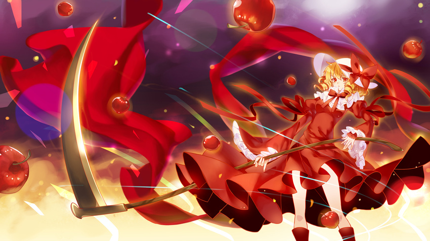 apple bad_apple!! blonde_hair blush bobomaster dress elly food fruit full_body hat highres holding holding_scythe huge_weapon long_hair long_sleeves orange_eyes polearm red_dress ribbon scythe short_hair solo standing touhou touhou_(pc-98) weapon white_hat