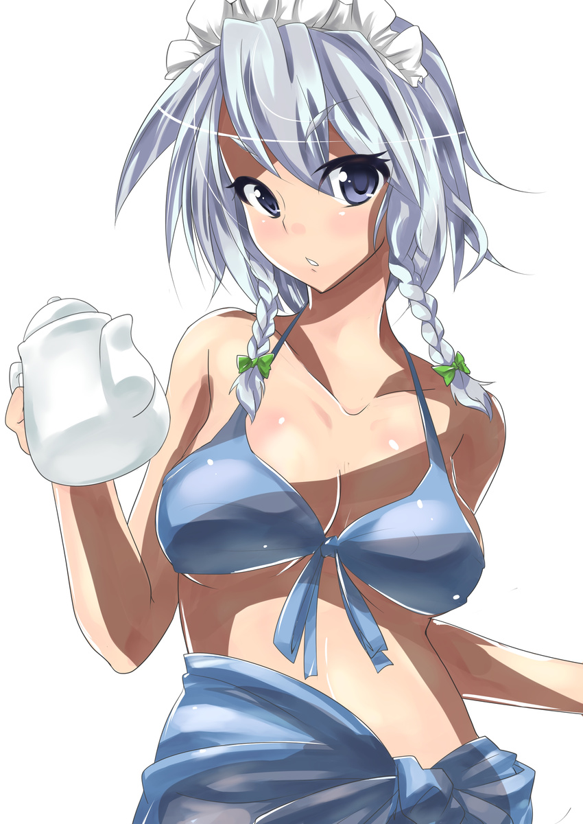 absurdres bikini_top blue_eyes blue_sarong bow braid breasts chestnut_mouth cleavage front-tie_top hair_bow highres inuwi_(yokose_y) izayoi_sakuya large_breasts looking_at_viewer maid_headdress parted_lips sarong short_hair silver_hair simple_background solo teapot touhou twin_braids white_background