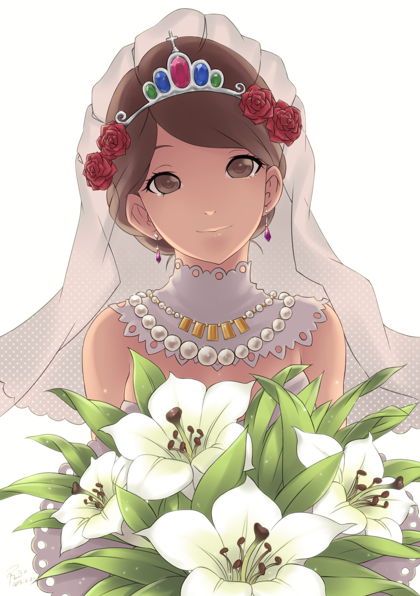 absurdres bad_id bad_pixiv_id bare_shoulders blush bouquet bridal_veil bride brown_eyes brown_hair dress earrings flower hair_up highres jewelry looking_at_viewer original smile solo veil wedding_dress yin-ting_tian