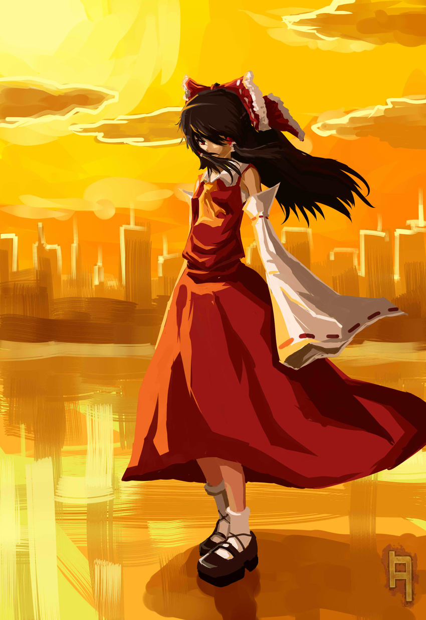 absurdres ascot black_hair bow building cloud detached_sleeves evening full_body hair_bow hair_over_one_eye hair_tubes hakurei_reimu highres long_hair long_sleeves outdoors red_bow red_eyes signature solo standing sun sunlight sunset sunset_xi touhou