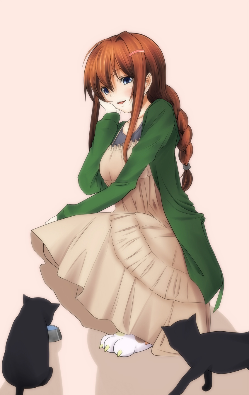 apron bad_id bad_pixiv_id black_cat blue_eyes braid brown_hair cat colorized dress hand_on_own_face highres karube long_hair original simple_background slippers smile solo