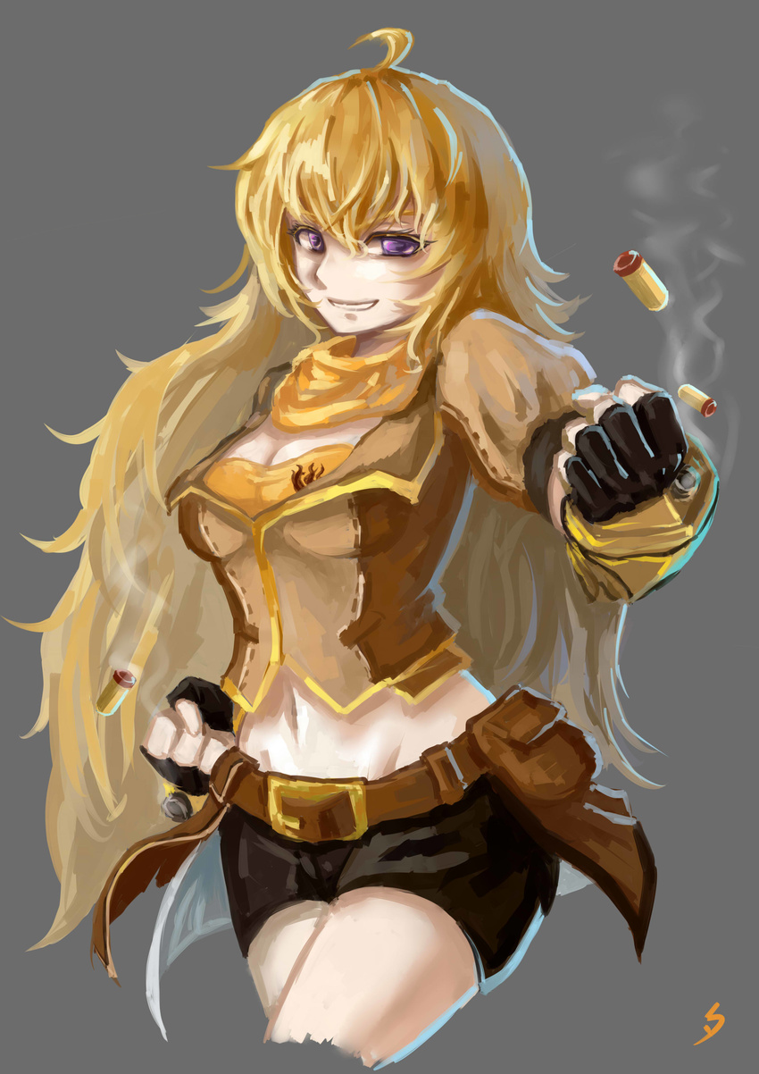 absurdres ahoge belt blonde_hair breasts bullet casing_ejection cleavage fingerless_gloves gauntlets gloves highres long_hair looking_at_viewer medium_breasts purple_eyes rwby shell_casing signature simple_background smile smoke solo sunset_xi weapon yang_xiao_long