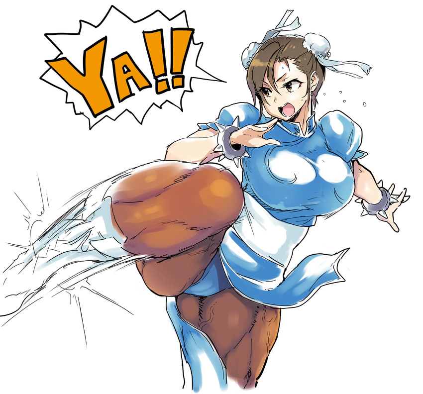 absurdres boots bracelet breasts brown_eyes brown_hair cameltoe chun-li double_bun highres jewelry large_breasts meme50 muscle muscular_female pantyhose pelvic_curtain sash shouting simple_background solo spiked_bracelet spikes street_fighter street_fighter_ii_(series) thick_thighs thighs veins white_background