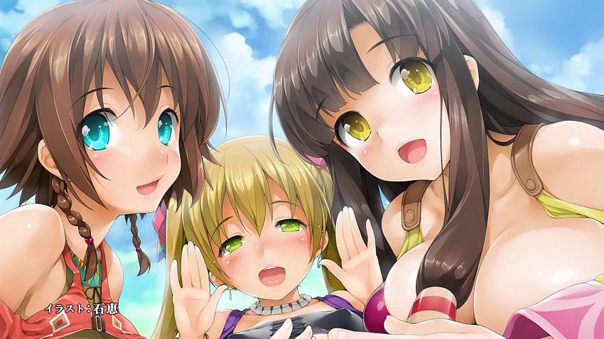 amy_(suisei_no_gargantia) artist_name black_hair blue_eyes blush breasts brown_hair cleavage cloud day earrings end_card green_eyes hair_ornament hair_tubes hands_up ishikei jewelry large_breasts long_hair looking_at_viewer melty_(suisei_no_gargantia) multiple_girls necklace open_mouth saaya_(suisei_no_gargantia) screencap short_hair sky smile suisei_no_gargantia twintails yellow_eyes