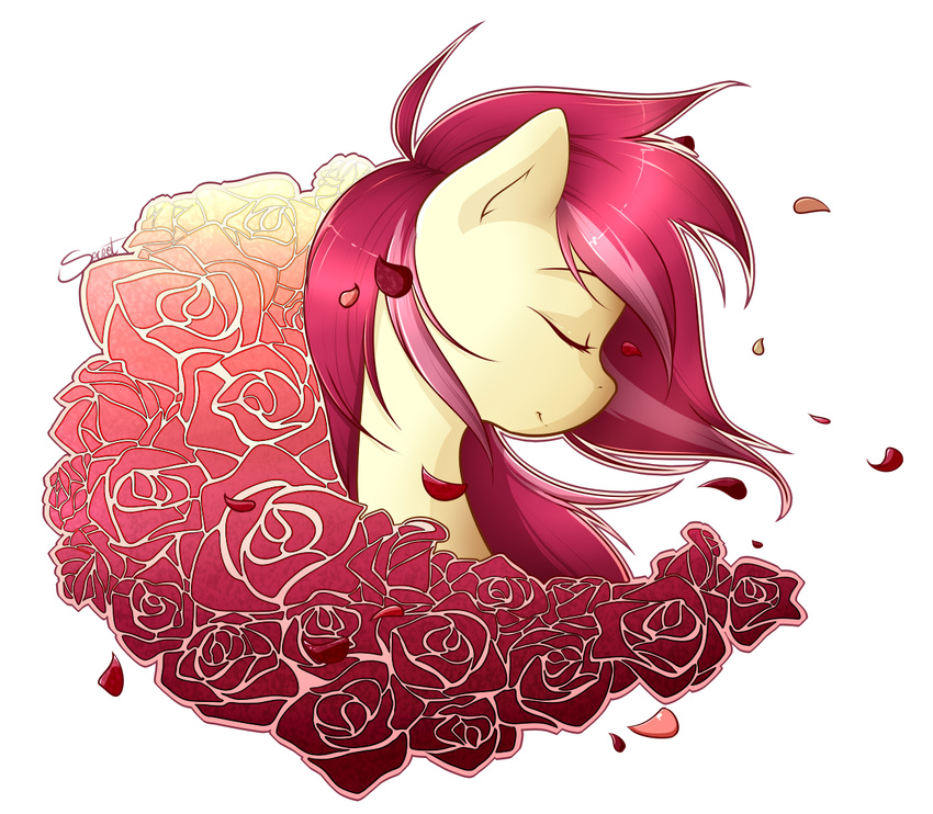 equine eyes_closed female flower friendship_is_magic fur hair horse mammal my_little_pony petals plain_background pony portrait red_hair rose rose_(mlp) roses secret-pony solo transparent_background two_tone_hair windy yellow_fur