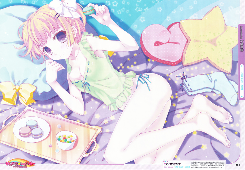 absurdres bare_legs barefoot blonde_hair blue_legwear blue_panties blush bow breasts camisole cleavage copyright_request covered_nipples food from_above full_body hair_bow hair_ornament hairclip highres legs looking_at_viewer lying macaron nanao_naru panties pillow purple_eyes short_hair side-tie_panties small_breasts socks socks_removed soles string_panties tareme toes tray underwear