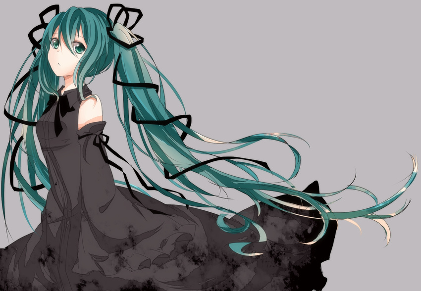 bad_id bad_pixiv_id detached_sleeves dress green_eyes green_hair hair_ribbon hatsune_miku highres inazumairebunndaisuki long_hair looking_at_viewer ribbon simple_background sleeves_past_wrists solo twintails very_long_hair vocaloid