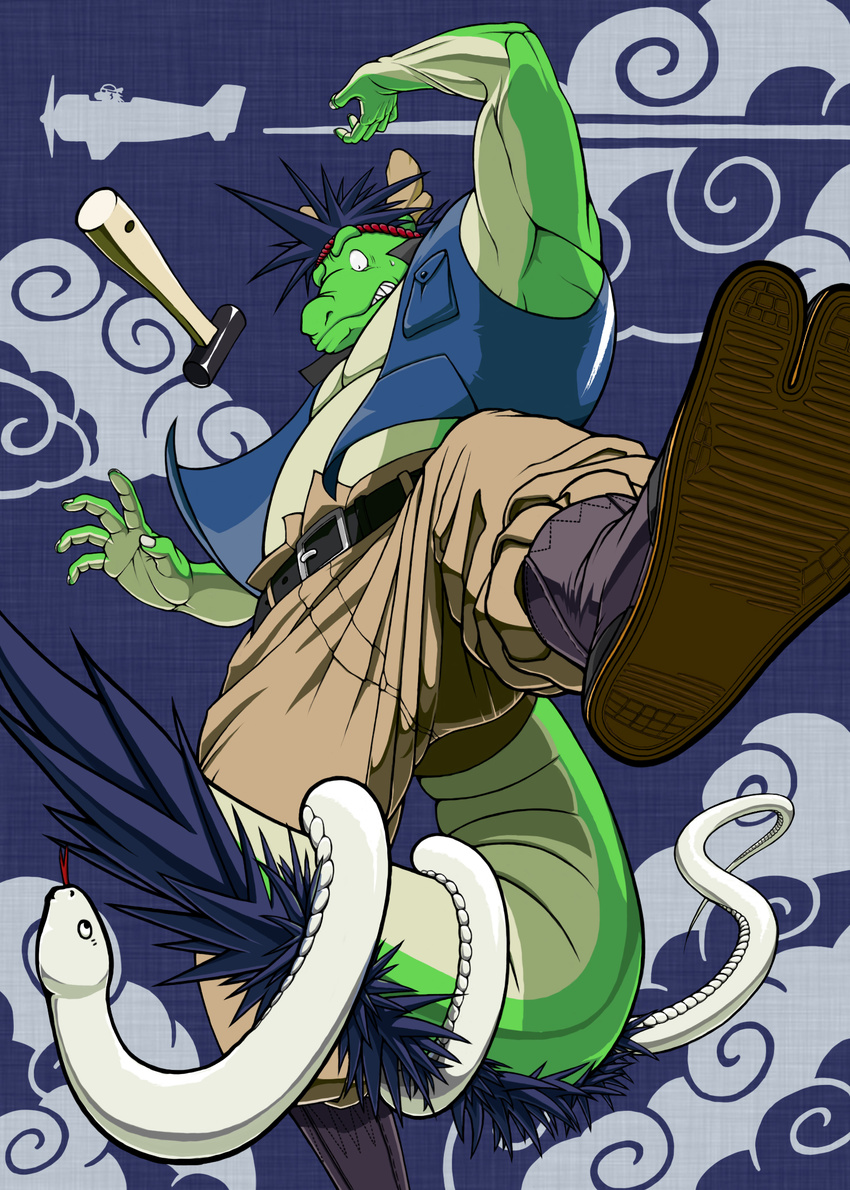 airplane belt biceps big_muscles chinese_dragon clothing dragon green_dragon hair hammer horn looking_down male morenatsu muscles orange_bed pants reptile scalie shoes snake solo surprise tatsuki unknown_artist vest