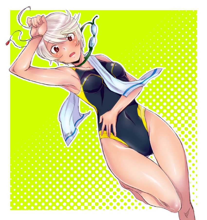 armpits bad_id bad_pixiv_id competition_swimsuit goggles goggles_around_neck highres natano_hisanori one-piece_swimsuit red_eyes short_hair silver_hair swimsuit thigh_gap towel uchuu_senkan_yamato uchuu_senkan_yamato_2199 yamamoto_akira