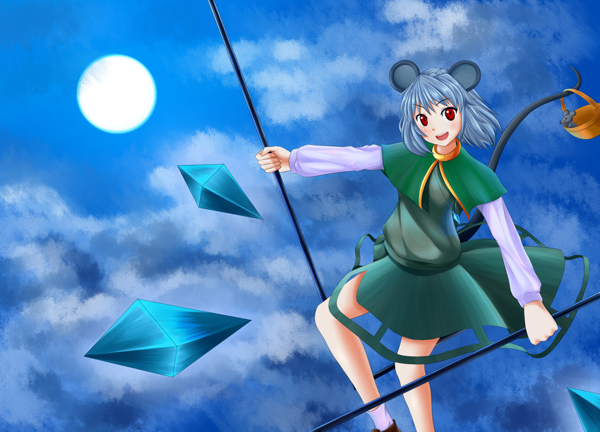 animal_ears basket capelet cloud cloudy_sky dominico dowsing_rod full_moon gem highres jewelry long_sleeves moon mouse mouse_ears mouse_tail nazrin neckerchief necklace night night_sky open_mouth pendant red_eyes shirt short_hair silver_hair skirt skirt_set sky smile solo tail tail_hold touhou