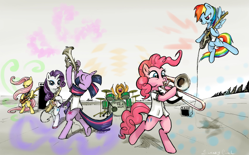 applejack_(mlp) band blonde_hair blue_eyes clarinet clothed clothing cowboy_hat cyan_body drums equine eyes_closed female feral fluttershy_(mlp) friendship_is_magic fur group guitar hair hat horn horse journeycurl long_hair mammal multi-colored_hair musical_instrument my_little_pony open_mouth orange_fur outside pegasus pink_fur pink_hair pinkie_pie_(mlp) pony purple_eyes purple_fur purple_hair rainbow_dash_(mlp) rainbow_hair rainbow_tail rarity_(mlp) smile tongue trumpet twilight_sparkle_(mlp) unicorn white_fur windy wings yellow_fur
