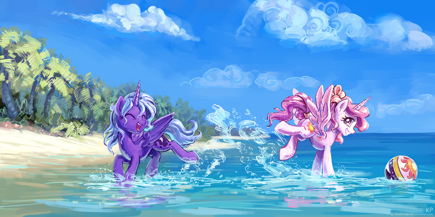 ball beach blue_hair cloud cutie_mark equine eyes_closed female feral friendship_is_magic hair horn horse karol_pawlinski mammal moon my_little_pony outside pink_hair playing pony princess_celestia_(mlp) princess_luna_(mlp) purple_eyes sea seaside sky sun tree water winged_unicorn wings