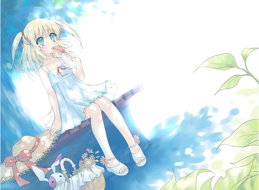 basket blonde_hair blue_eyes dress food hat licking looking_up original popsicle short_hair solo stuffed_animal stuffed_bunny stuffed_toy sundress tongue tongue_out twintails weisuoxin