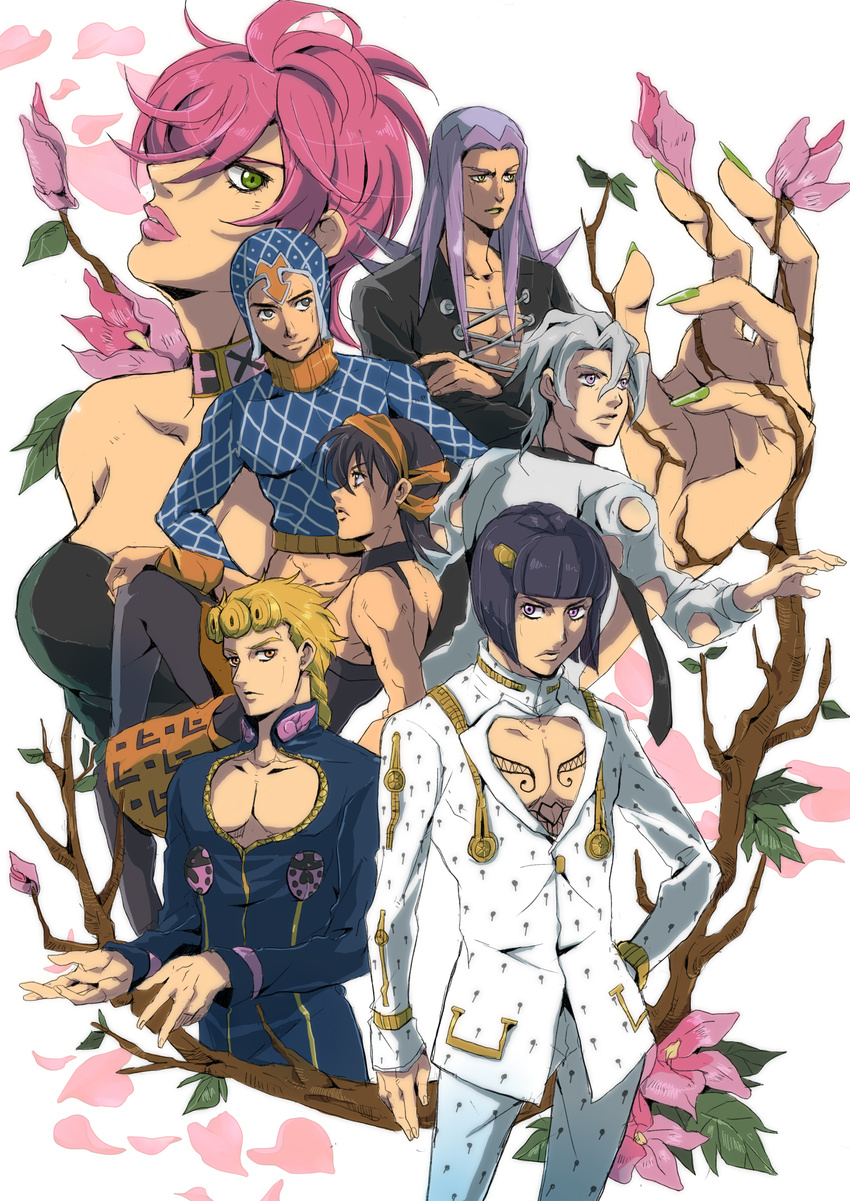 6+boys black_hair blonde_hair bruno_buccellati fingernails giorno_giovanna green_eyes grey_hair guido_mista highres jojo_no_kimyou_na_bouken kuropu leone_abbacchio long_fingernails midriff multiple_boys nail_polish narancia_ghirga pannacotta_fugo pink_hair short_hair trish_una