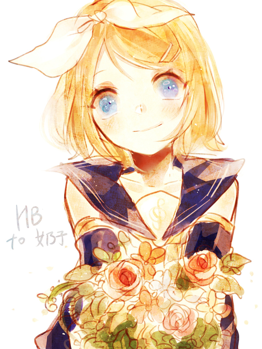 bad_id bad_pixiv_id blonde_hair blush bouquet flower hair_ornament hair_ribbon hairclip highres kagamine_rin looking_at_viewer meihahaha ribbon rose sailor_collar short_hair solo vocaloid