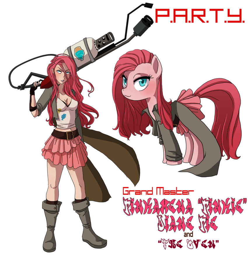 alpha_channel blush clothing cutie_mark duo english_text equine eyes female feral flamethrower friendship_is_magic fur hair horse human humanized mammal my_little_pony pink_fur pink_hair pinkamena_(mlp) pinkie_pie_(mlp) plain_background pony ranged_weapon square_crossover standing text the-orator transparent_background weapon