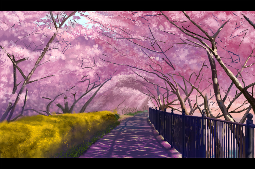 bad_pixiv_id cherry_blossoms fence no_humans original peko_(akibakeisena) road scenery