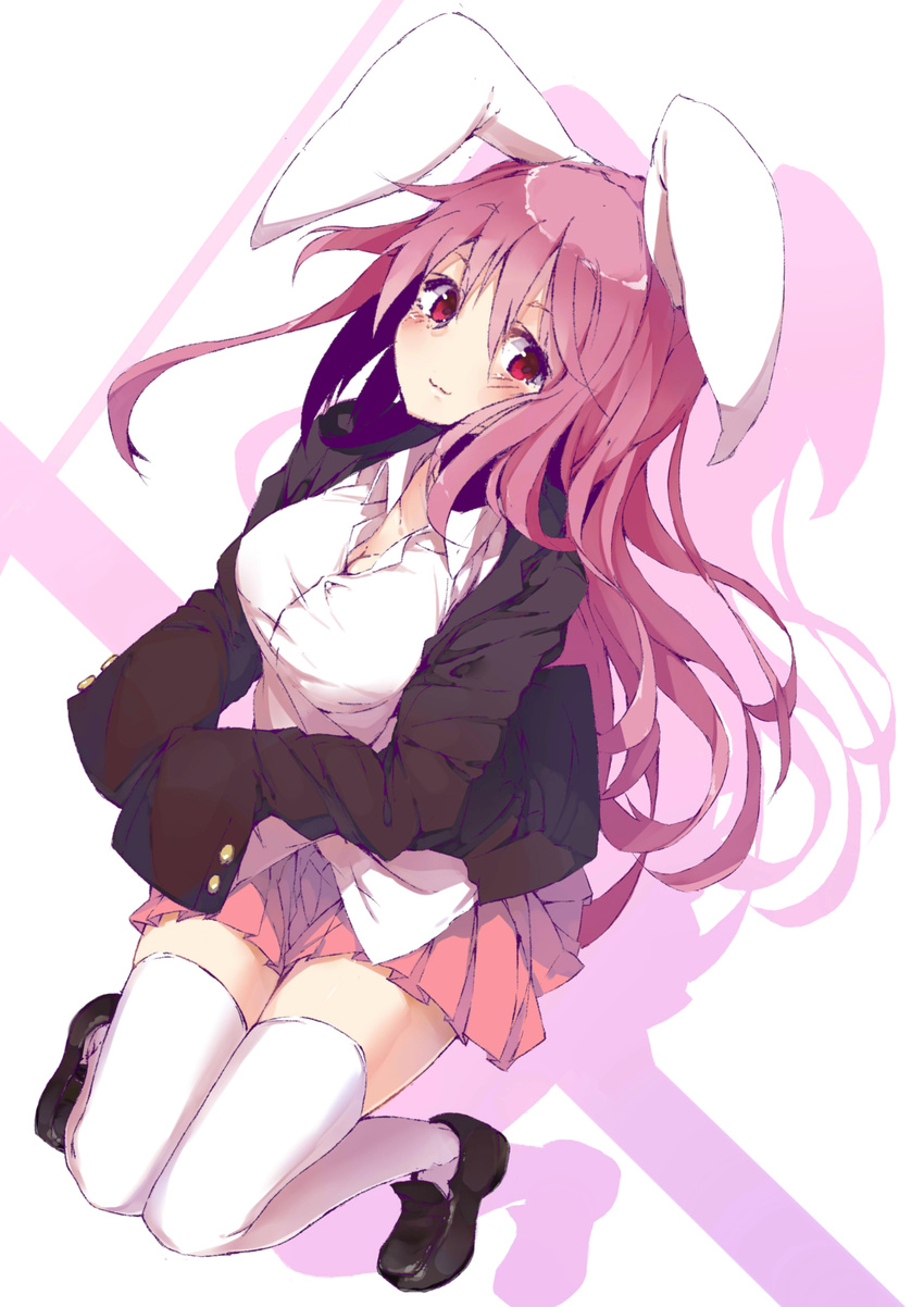 absurdres animal_ears blush breasts bunny_ears cleavage flats highres knees_together_feet_apart large_breasts long_hair oversized_clothes purple_hair red_eyes reisen_udongein_inaba shirt skirt solo taut_clothes taut_shirt thighhighs touhou white_legwear yuui_hutabakirage
