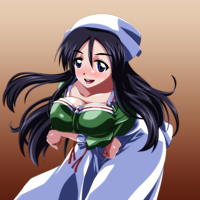 1girl absurdres ariyon black_hair blue_eyes blush breast_hold breasts cleavage headband highres jessica large_breasts long_hair looking_at_viewer open_mouth simple_background skirt smile standing zero_no_tsukaima