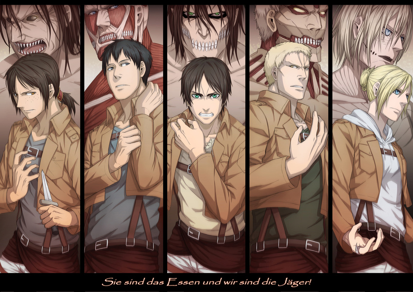 3boys annie_leonhardt armored_titan belt bertolt_hoover black_hair blonde_hair blue_eyes brown_hair clenched_teeth collarbone colossal_titan dagger dancing_titan eren_yeager female_titan freckles german green_eyes jewelry knife long_sleeves multiple_boys multiple_girls open_mouth paleblood paradis_military_uniform pocket ranguage reiner_braun ring rogue_titan sharp_teeth shingeki_no_kyojin short_hair silver_hair spoilers teeth tongue translated uniform weapon yellow_eyes ymir_(shingeki_no_kyojin)