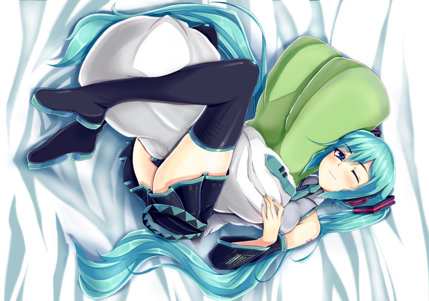 aqua_hair blue_eyes blush hatsune_miku headphones long_hair nekur thighhighs twintails vocaloid wink