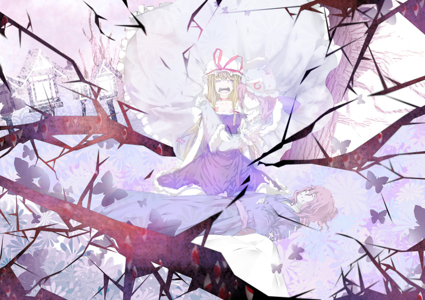 blonde_hair breasts bug butterfly cleavage closed_eyes corpse crying dress dual_persona elbow_gloves eyes gap ghost gloves hair_ribbon hat hat_ribbon highres hug hug_from_behind insect japanese_clothes lantern long_sleeves lying medium_breasts multiple_girls open_mouth pantyhose parasol pink_hair ribbon saigyouji_yuyuko saigyouji_yuyuko_(living) sash shattered short_sleeves sitting stone_lantern suijaku tears touhou tree triangular_headpiece umbrella wariza white_legwear wide_sleeves yakumo_yukari