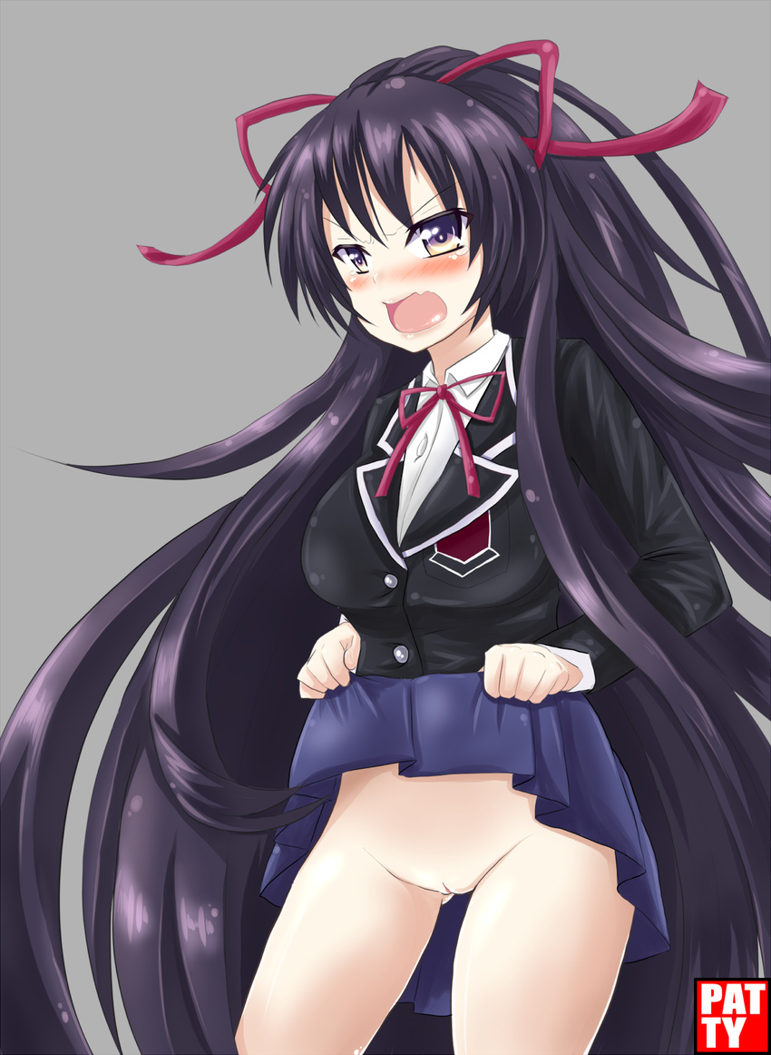 black_hair date_a_live highres long_hair no_panties open_mouth patty_(artist) pussy school_uniform solo very_long_hair yatogami_tooka