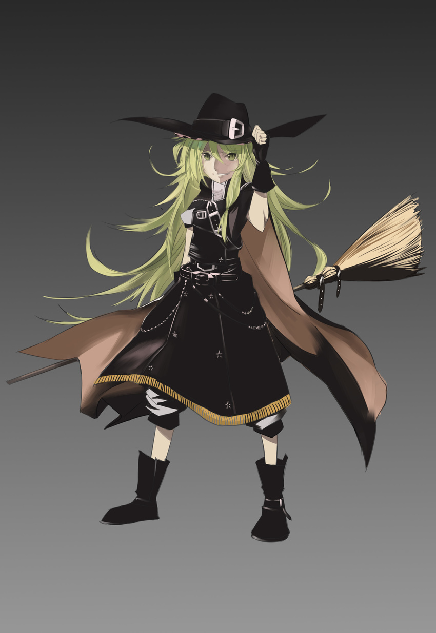 absurdres alternate_costume baijiin_poison blonde_hair boots broom buckle cape fingerless_gloves gloves hat highres kirisame_marisa koumajou_densetsu long_hair smile solo standing touhou