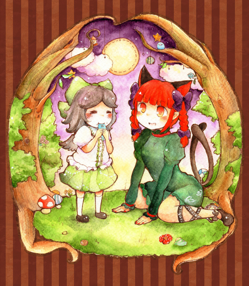 =_= animal_ears ankle_ribbon bird bishamonten's_pagoda black_hair blouse blue_flower blue_rose blush_stickers bow braid cat_ears cat_tail cloud dress eating extra_ears fingernails fish flower food fruit full_moon grass hair_bow highres juliet_sleeves kaenbyou_rin kneehighs komeiji_koishi leg_ribbon long_sleeves minigirl moon multiple_girls multiple_tails mushroom nail_polish no_socks open_mouth pointy_ears puffy_short_sleeves puffy_sleeves red_eyes red_hair reiuji_utsuho ribbon rose shiro_tsugumi short_hair short_sleeves sitting skirt star string striped striped_background tail touhou tree twin_braids watermelon wings yokozuwari younger