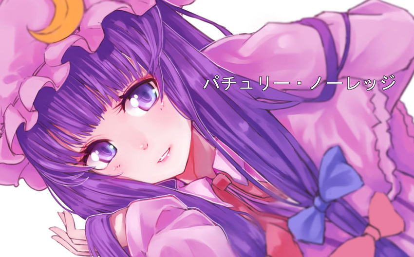 blurry character_name crescent dress hair_ribbon hand_in_hair hat long_hair miro_(a87859660) patchouli_knowledge purple_eyes purple_hair ribbon smile solo touhou