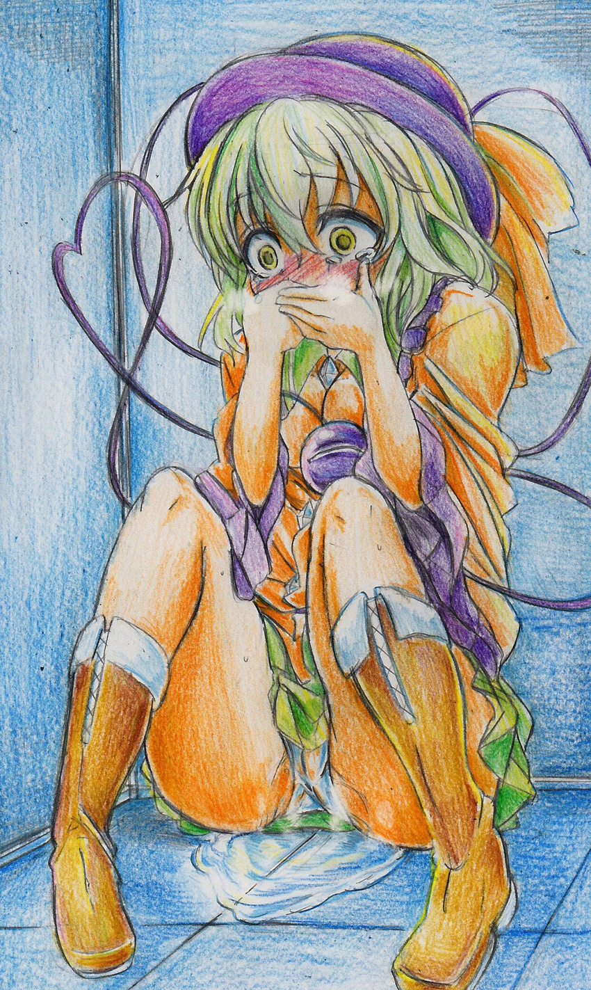 1girl absurdres blush boots covered_mouth crying green_hair highres kitaziman komeiji_koishi nichibotsu_(kitaziman) panties peeing peeing_self solo tears thighhighs third_eye touhou traditional_media underwear urine white_panties