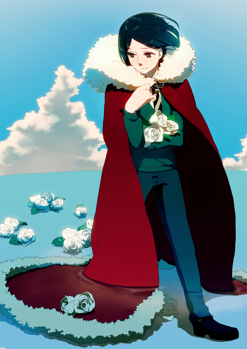 bad_id bad_pixiv_id black_eyes black_hair borrowed_garments cape fate/zero fate_(series) flower highres maguro_(ma-glo) male_focus rose solo standing wading waver_velvet white_flower white_rose